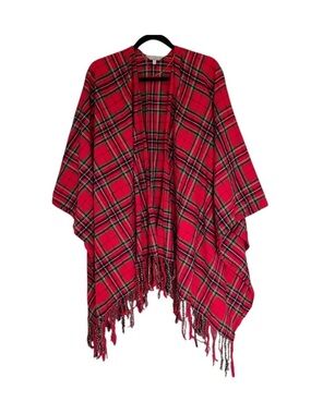 LORD & TAYLOR Cotton Plaid Tartan Long Serape Poncho Wrap Red L/XL